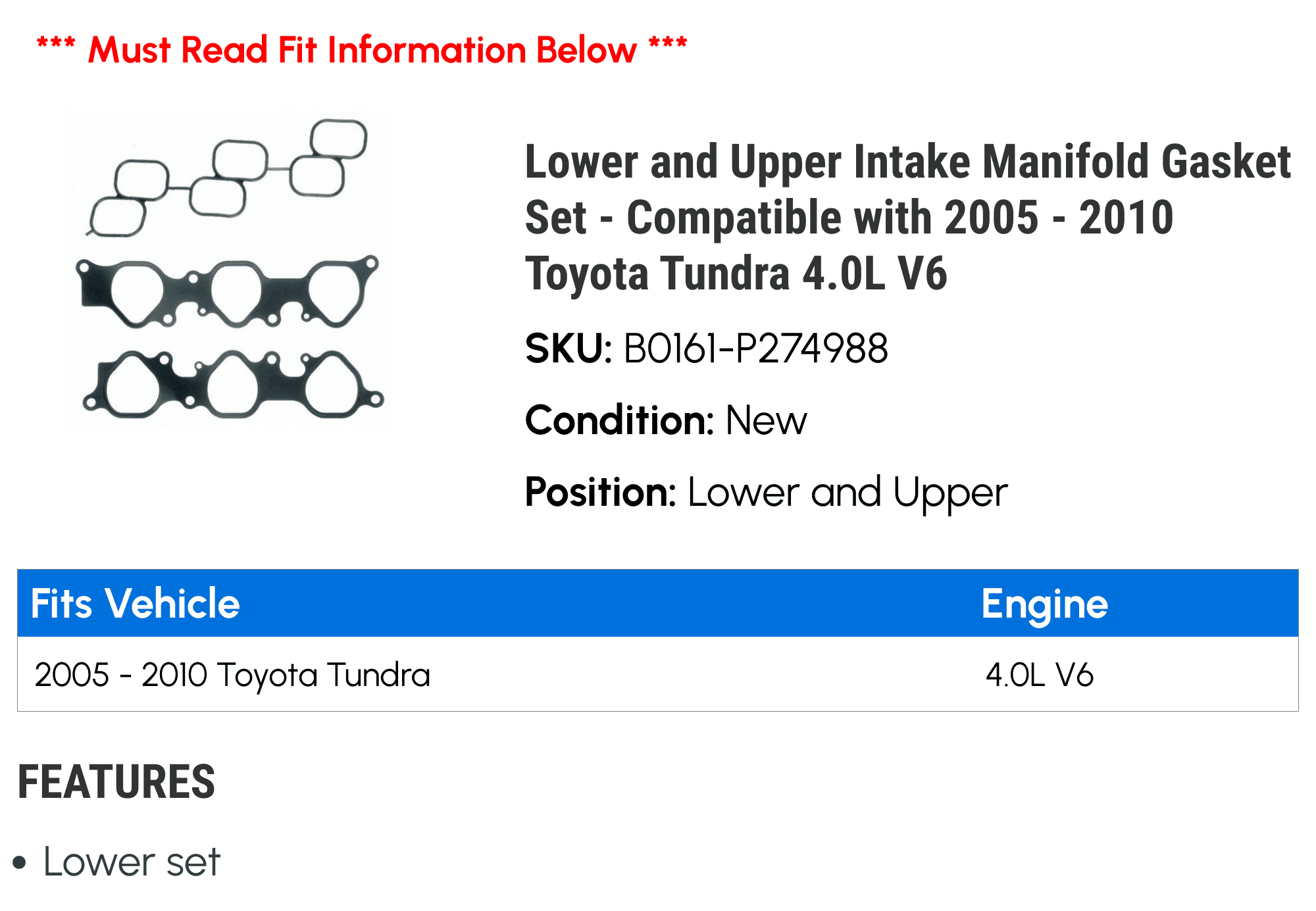 Lower and Upper Intake Manifold Gasket Set - Compatible with 2005 - 2010 Toyota Tundra 4.0L V6 2006 2007 2008 2009