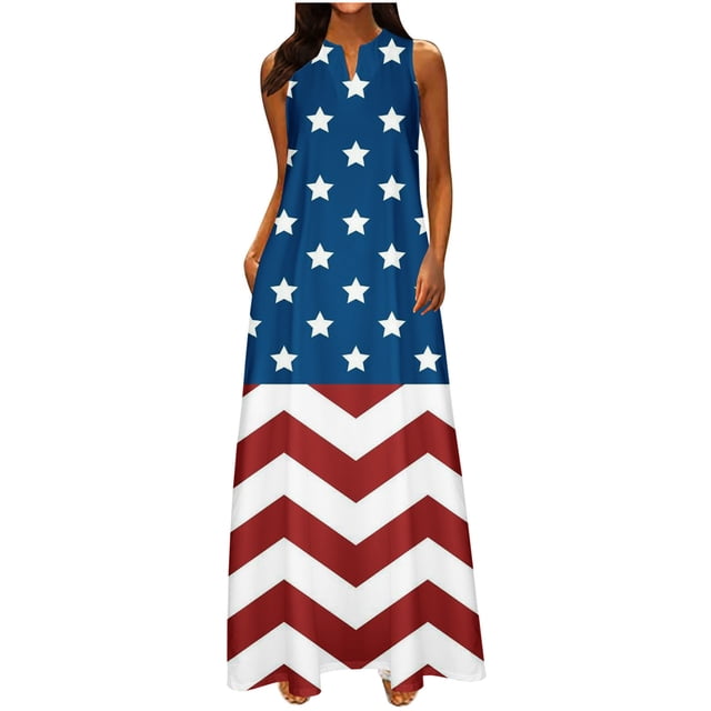 Robes d'Été pour Femmes 2023 Mode Tendance Femmes Décontractées Col en V Robes Imprimées Jour de l'Indépendance Été Sans Manches Robe Chandail Robes d'Été pour Femmes en Liquidation