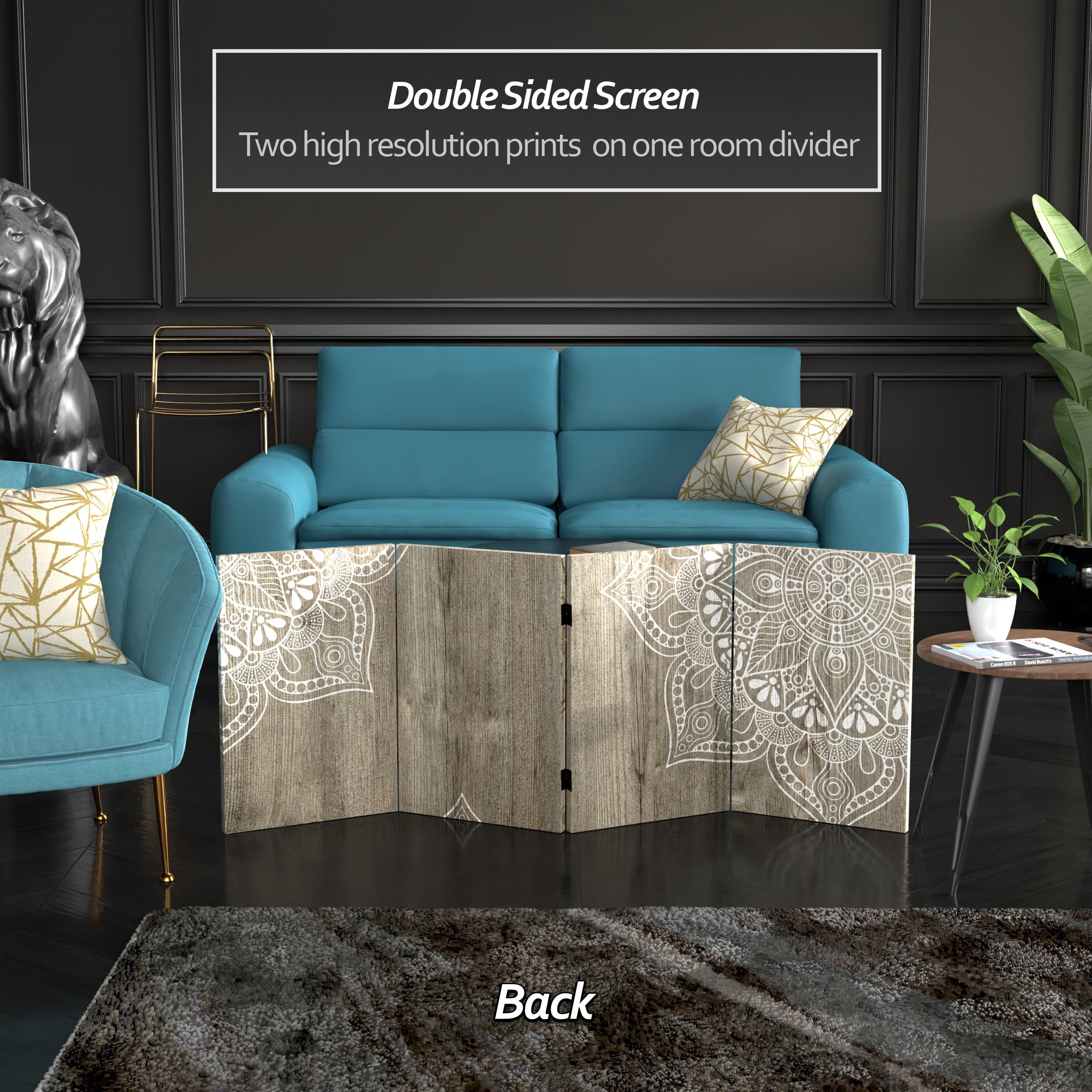 2 ft. Short Double Sided Mandala on Oak Canvas Folding Screen