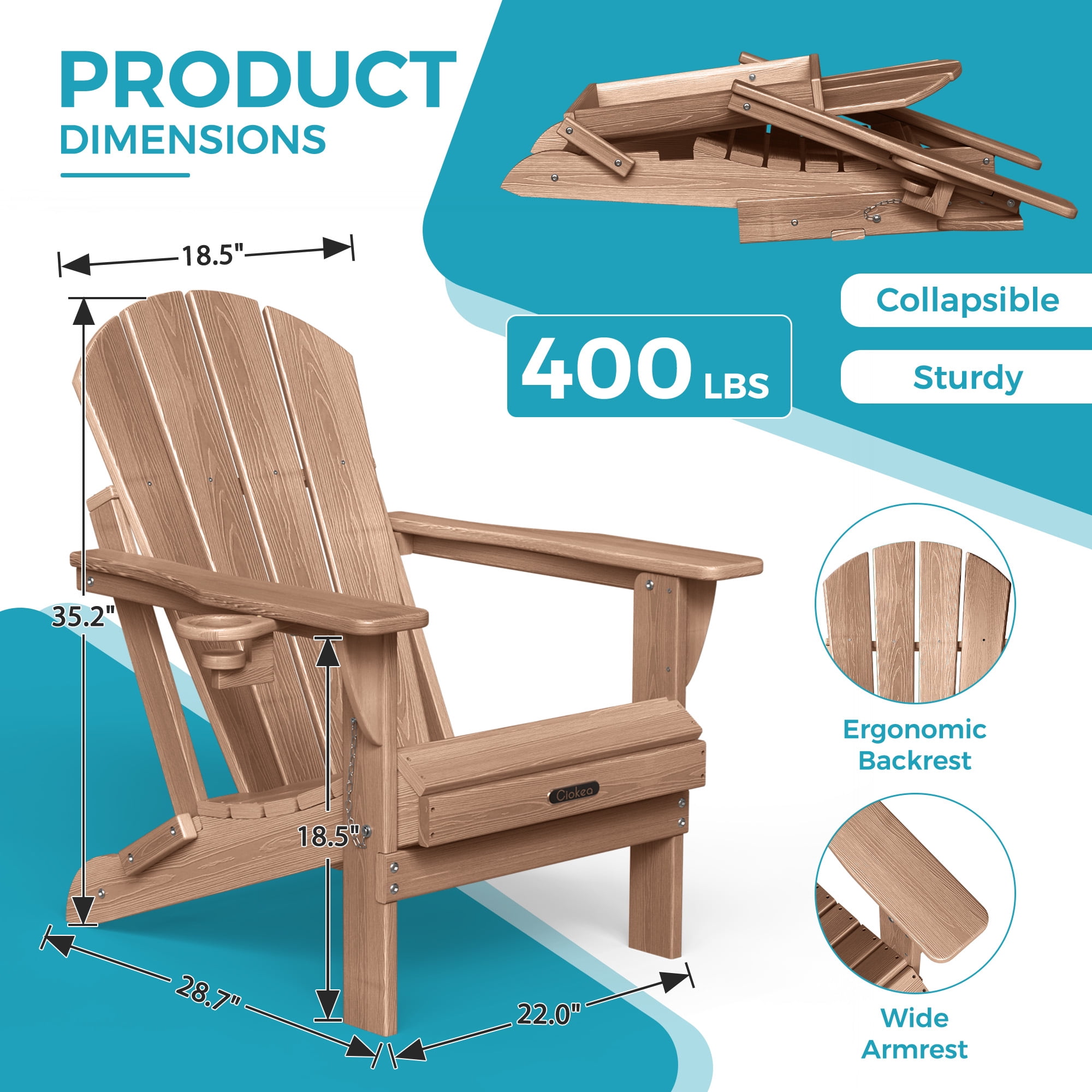 Ciokea Wood Adirondack Chair Folding Outdoor Patio Chairs Fire Pit with Cup Holder Pool Porch Garden Brown