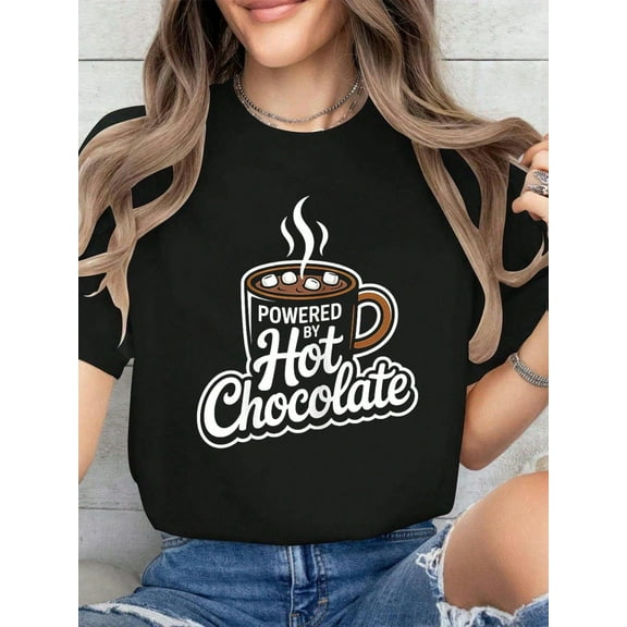 100% Cotton Christmas Powered By Hot Chocolate Xmas T-Shirt Graphic Shirt Women