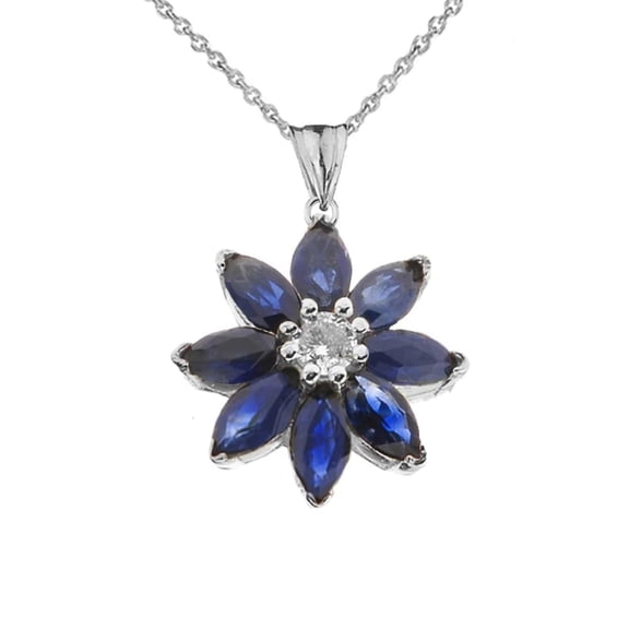 GENUINE SAPPHIRE AND DIAMOND DAISY PENDANT NECKLACE IN WHITE GOLD :  10K  Pendant with 16" chain