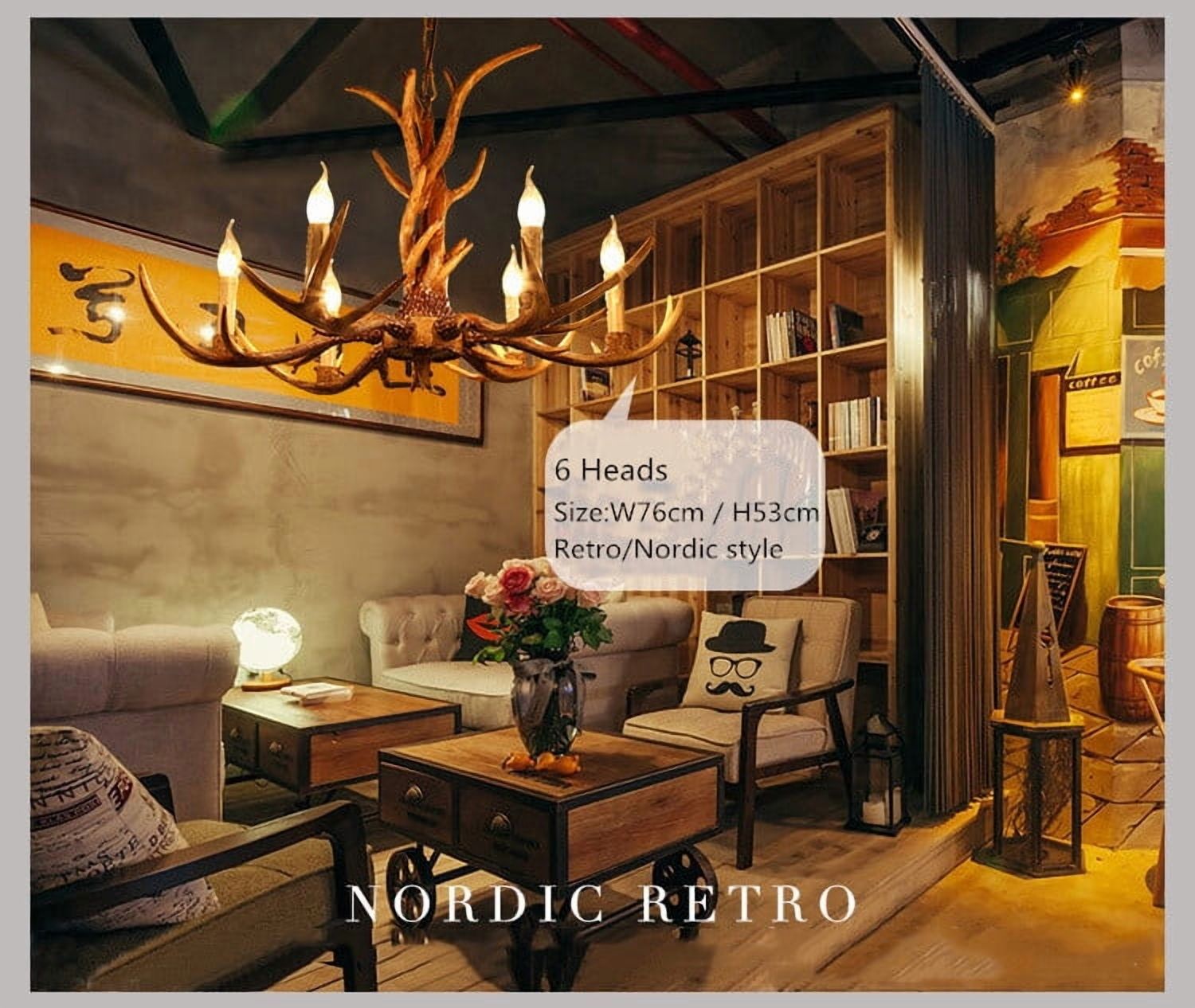 6-Lights Rustic Deer Horn Antler Chandelier Pendant Light Ceiling Lamp Fixture For Parlor,Restaurant