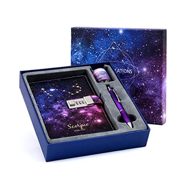 Conjunto de regalo con caja de diario y cerradura estrellada con bolígrafo y cintas para niños, niñas y mujeres. Mejor diario de lujo para viajes (Escorpio)