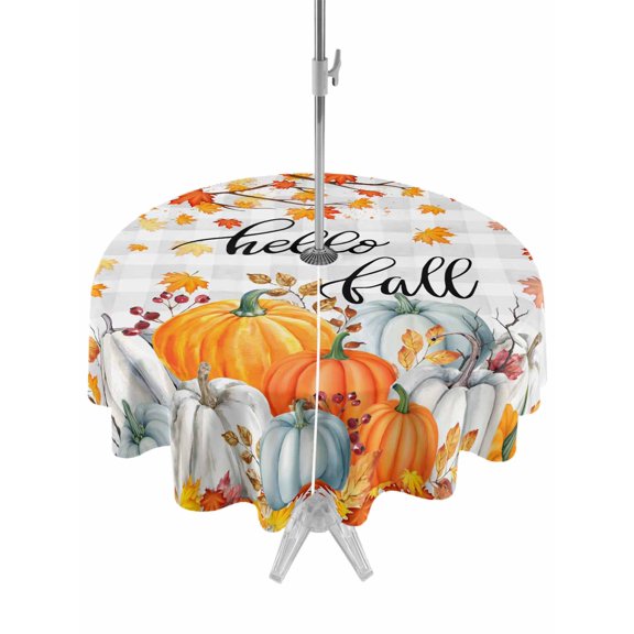 Outdoor Tablecloth with Umbrella Hole and Zipper, Fall Maple Leaf Round Table Cloth 60 Inch Waterproof Tablecloth, Thanksgiving Orange White Pumpkin Plaid Picnic Table Cover for Patio Camping