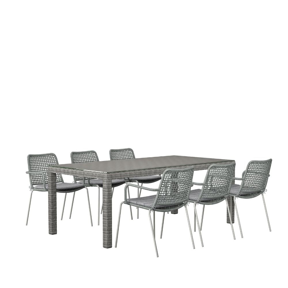Amazonia Vierzon 7-Piece Patio Rectangular Dining Table Set | Wicker Table | Ideal for Outdoors and Indoors, Grey Cushions