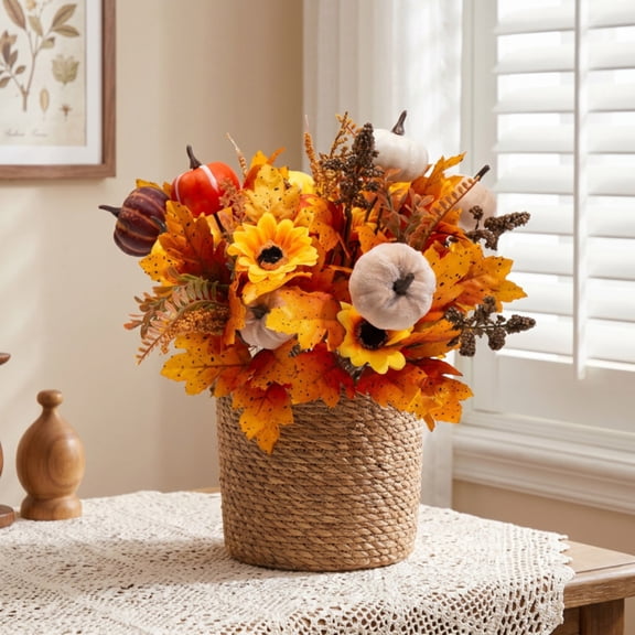 Mskk Halloween Artificial Flowers Decoration Indoor, 1 Pc 13.4" Fake Maple Leaf Stem With Mini Pumpkins, Faux Vase Filler Decor For Table Mantel Home Halloween Thanksgiving Harvest Party Display