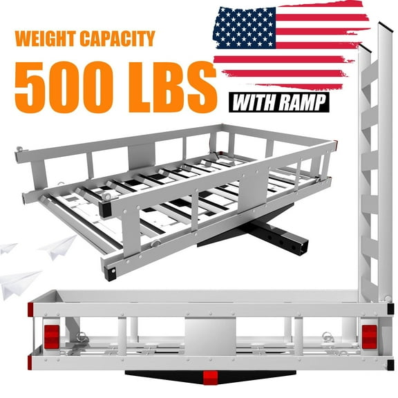 Alloy Steel Luggage Carrier Rack, Trailer Hanging Basket, Mounted Trailer with Ramp, Trailer Hitch Cargo Carrier, 50x29.5x9.0 inch, with 47 inch Ramp, Gray, Fits 2" Hitch Receiver for RV Truck