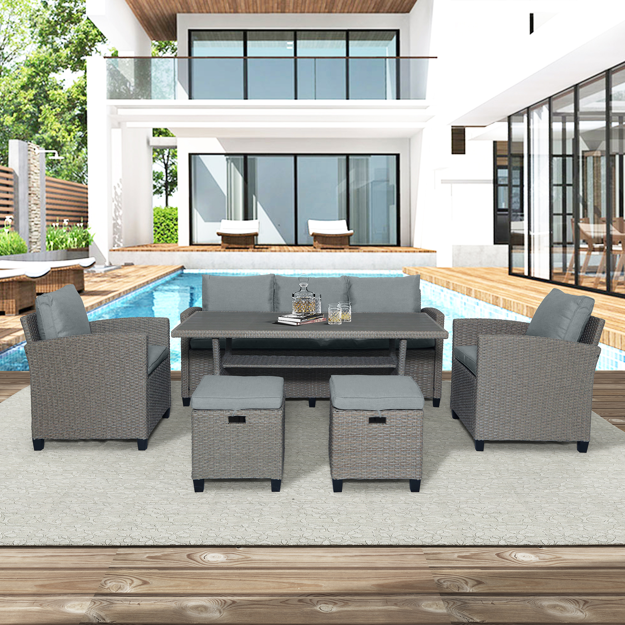 6 Pieces Outdoor Dining Sets, Sectional Sofa Patio Dining Table and Chairs Set, PE Rattan Conversation Set, Gray Wicker Garden Backyard Sectional Sofa - image 3 of 9