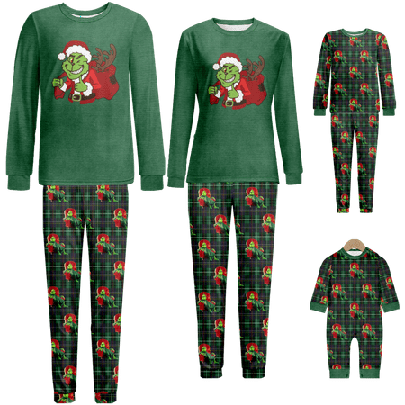 

Family Christmas Pajamas Sleepwear Set The Grinch Green Buffalo Plaid Print Sizes for Adult-Kids-Baby-Pet 2 Pieces Top and Pants Bodysuits Pajamas Set