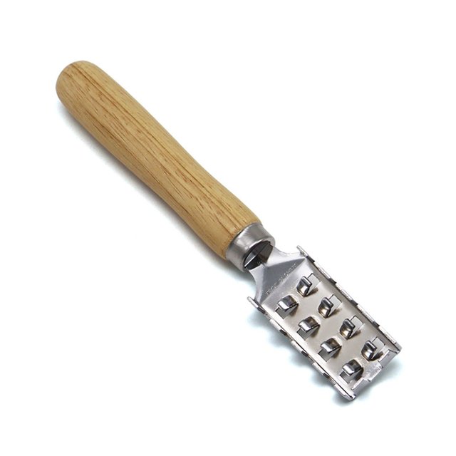 Raspador de sarro de acero inoxidable con mango de madera, utensilio de cocina para eliminar sarro.