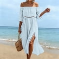 thumbnail image 2 of Lcziwo Womens Off Shoulder Midi Dress Cotton Lace Patchwork Flowy Beach Sundress Short Sleeve Side Slit Casual Dresses Light Blue,S, 2 of 8