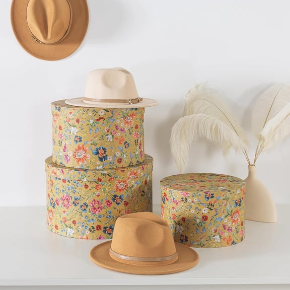 Botanica Bliss Gold Round Hat Boxes Set of 3 - Nesting Cardboard Storage with Boho Floral Print for Hats and Keepsakes
