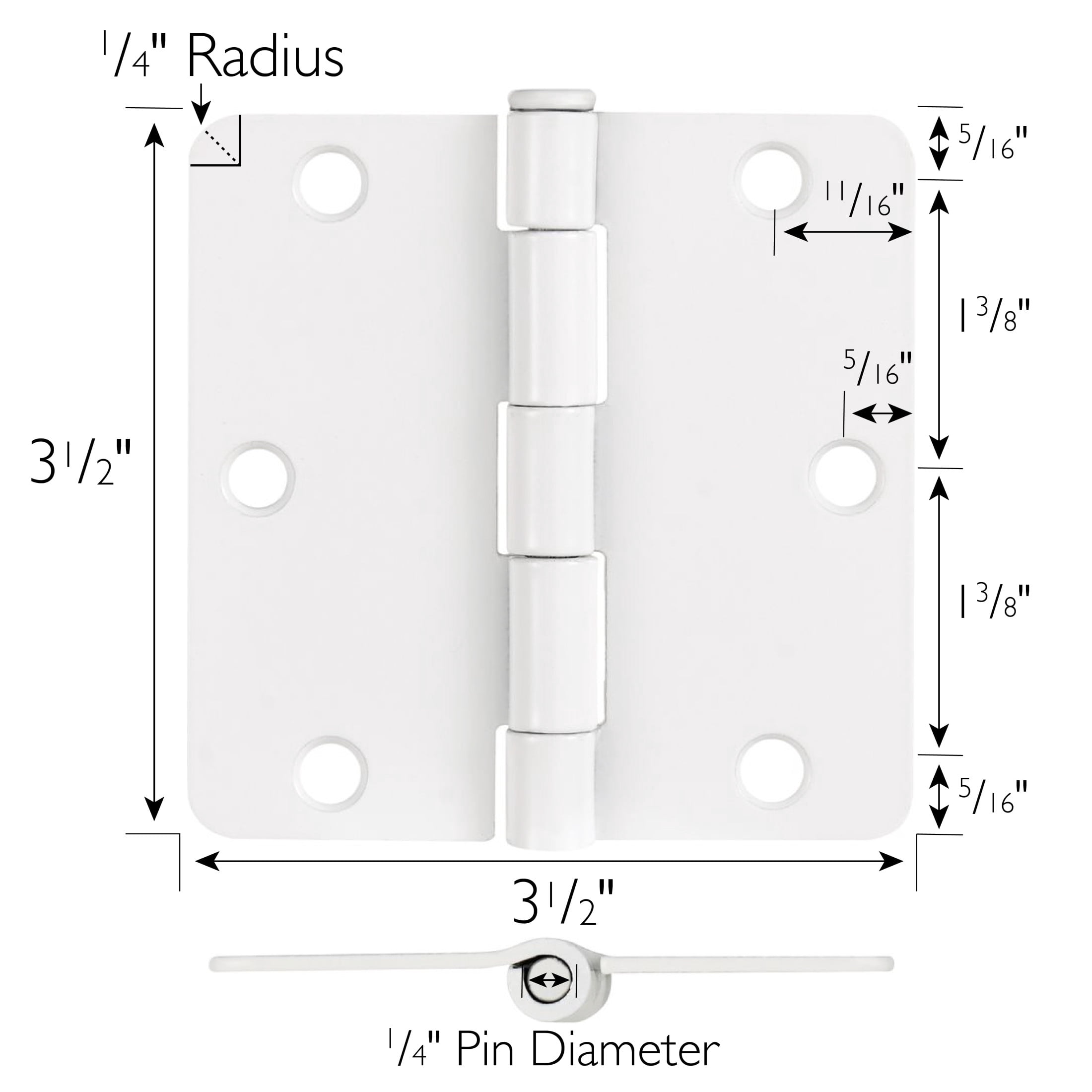 White Steel Plain Bearing Door Hinge with Removable Pin, 3-1/2 x 3-1/2 in. 1/4 in. Radius, 3-Pack
