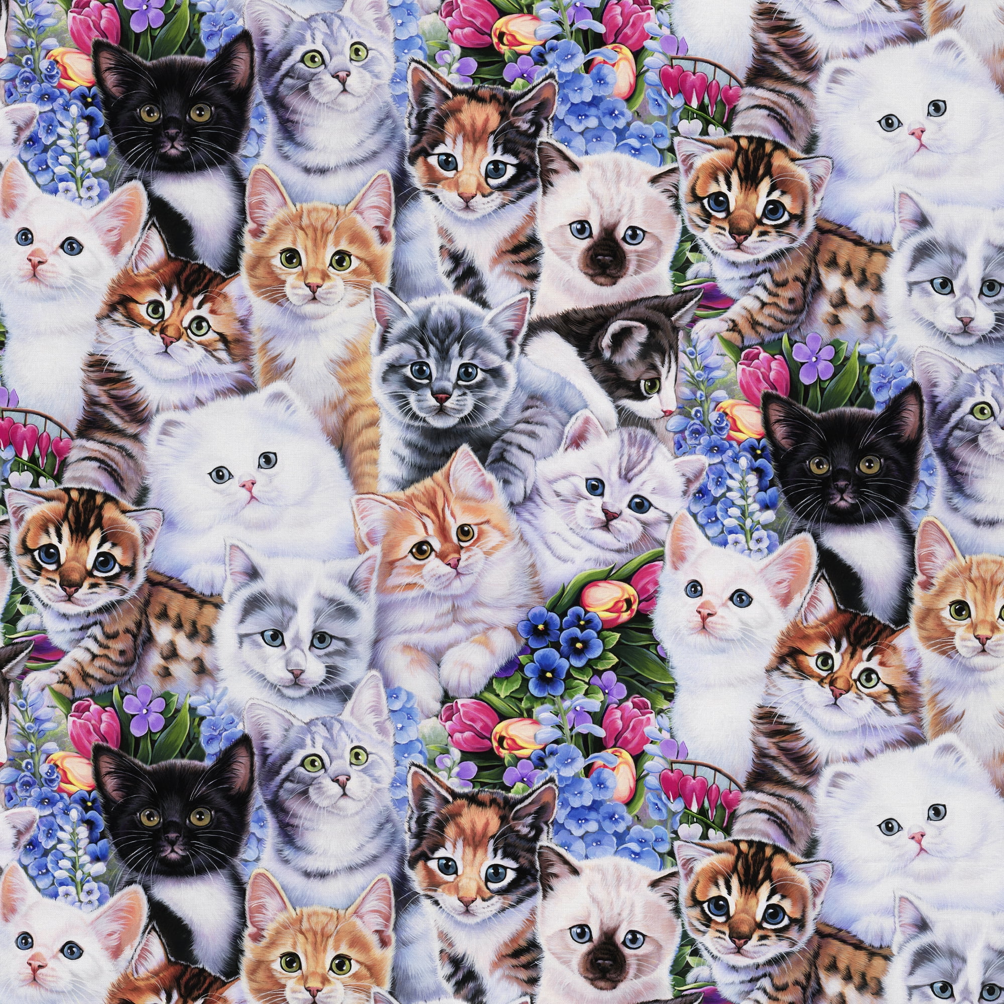David Textiles 100% Cotton Kittens & Flowers, Multi-color, 18" x 21" for Quilting & Sewing, 1 Each