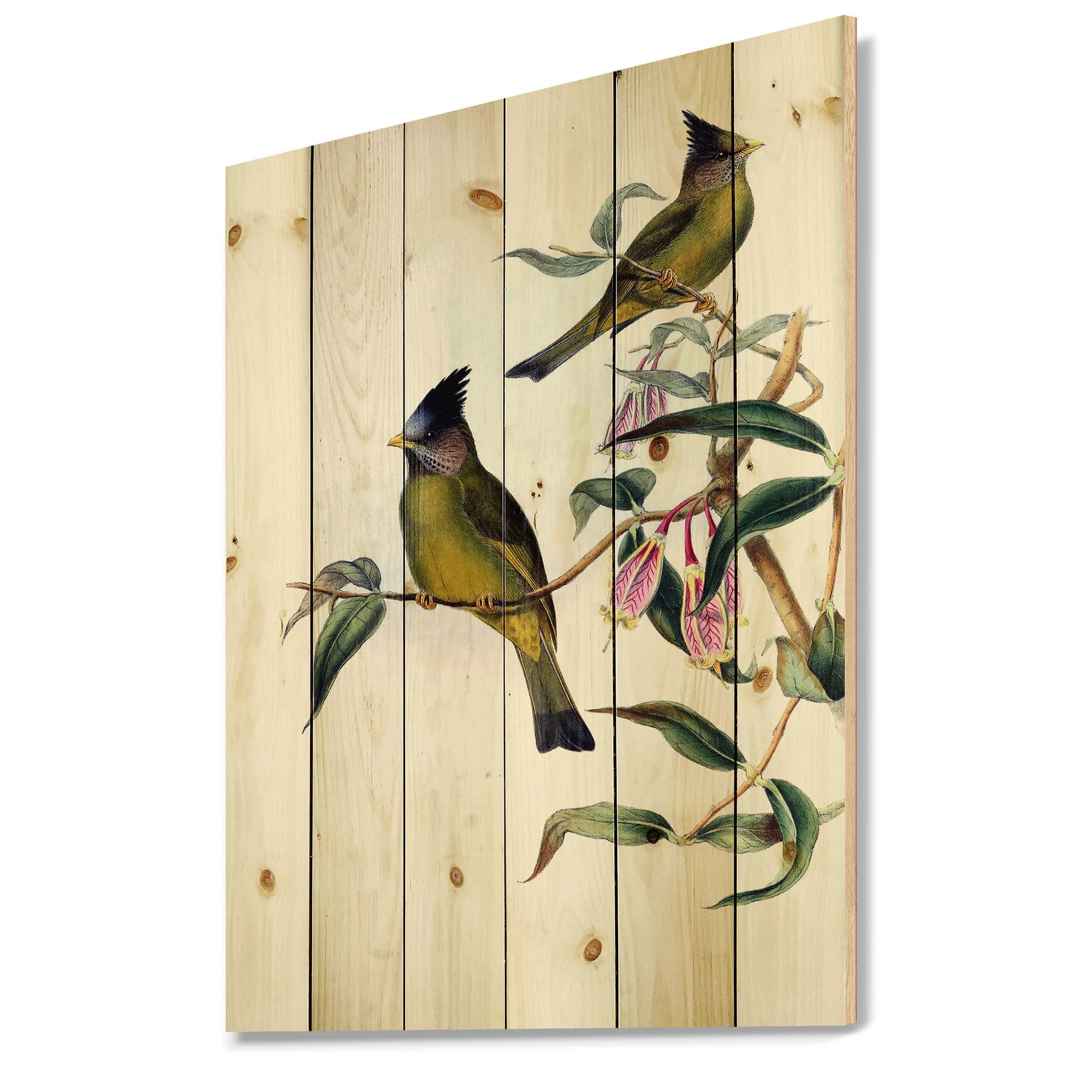 Designart 'Vintage Countryside Birds On Branch II' Farmhouse Print on Natural Pine Wood
