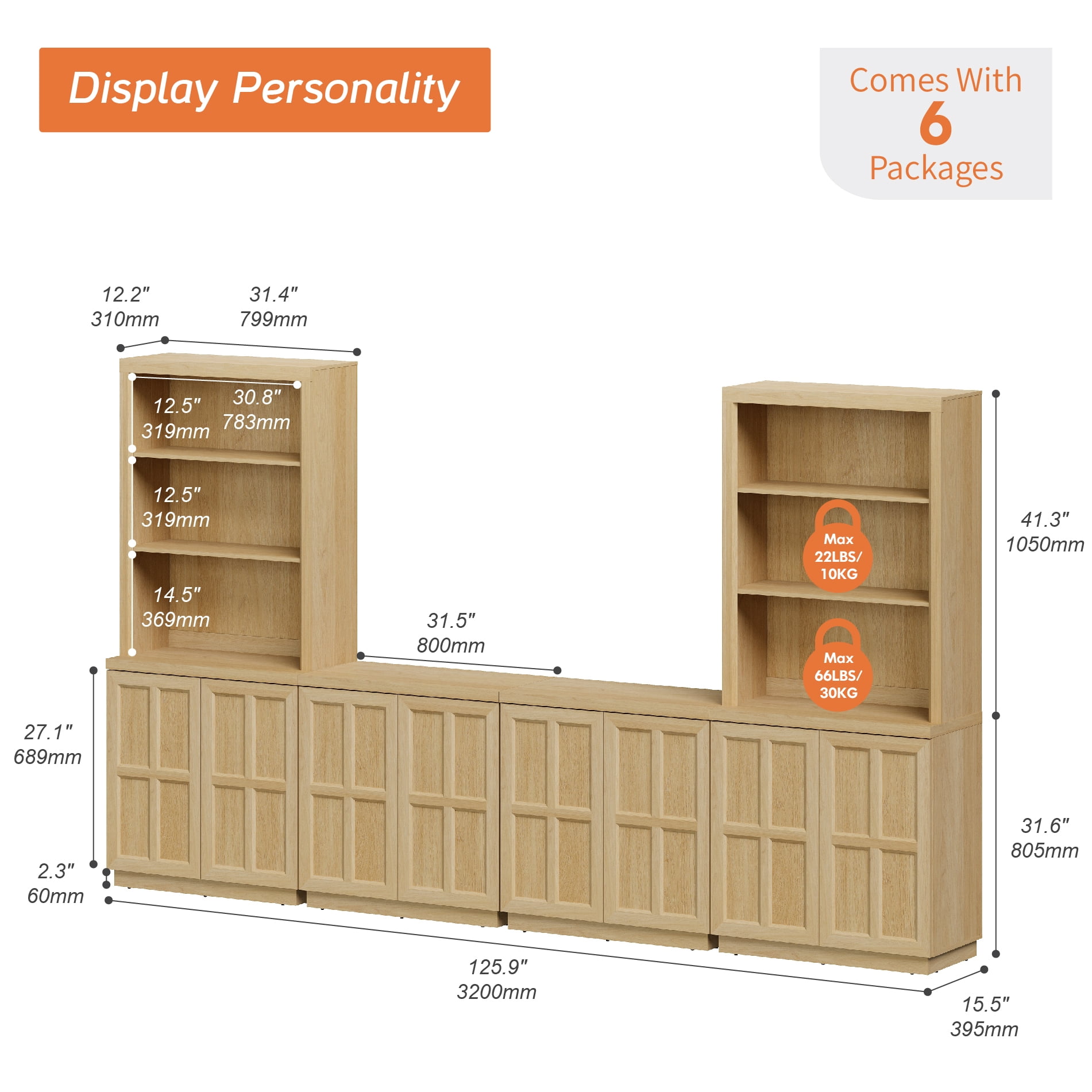 HOMOOI Pantry Cabinet,Boho Combined Kitchen Storage Hutch with 2 Upper Bookshelves Tops & 4-in-1 Cabinet with adjustable Shelves, Anti-Wobble Storage Organizer for Kitchen,Dining Room,Entryway,Oak