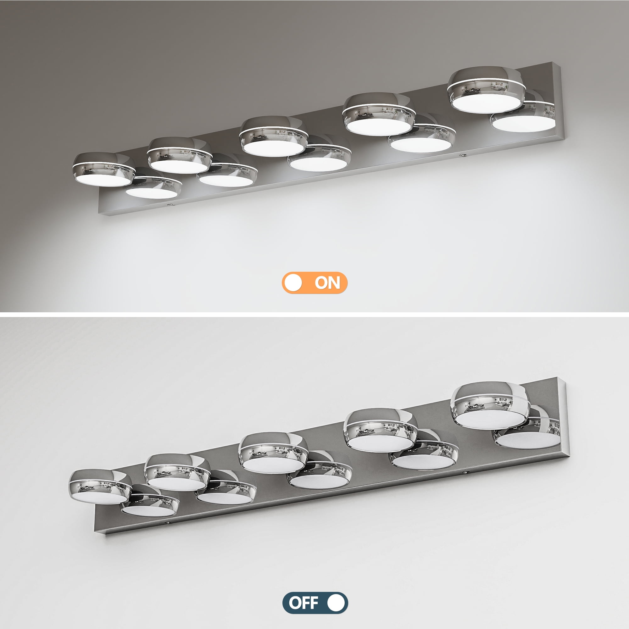5 Lights Modern LED Vanity Light for Bathroom, 35.4 inch Chrome Up and Down Wall Light Fixtures Over Mirror with Frosted White Acrylic Shades (White Light 6000K)