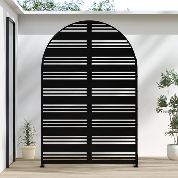 MAYEERTY 72*47" Outdoor Arched Metal Freestanding Privacy Panel Screen, Wide-Narrow Slat Pattern, Black