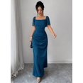 thumbnail image 4 of Teal Blue Elegant Fitted Square Neck Short Sleeve Maxi Dress For Women, 4 of 6