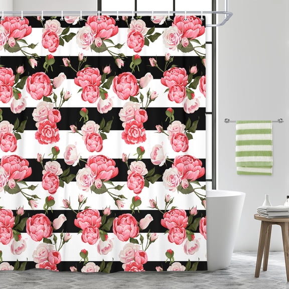 Vintage Floral Shower Curtain,Black and White Striped Bathroom Curtain,Modern Fashion Blooming Pink Rose Flowers Buds Bathtub Accessories Decor with 12 Hooks,69X70 in