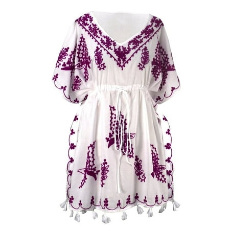 Couture Couture Silk Blouse Peach Couture Summer Womens Boho Cotton Floral Embroidered Cover-up Beachwear Kaftan Tunic White Purple ()