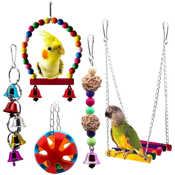 5 piezas de juguetes para loros y pájaros, campana colgante, jaula para pájaros, hamaca, juguete colgante para periquitos pequeños, cacatúas, cotorras, guacamayos, loros, pájaros del amor, pinzones Ormromra DLM521