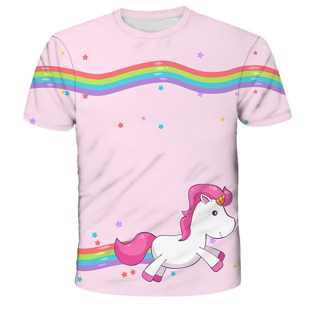Unicorn T-shirt Summer Fashion Clothes Girls Clothes Rainbow Boys Clothes Crew Neck Casual Children's T-shirt7T Gong Bohan LED