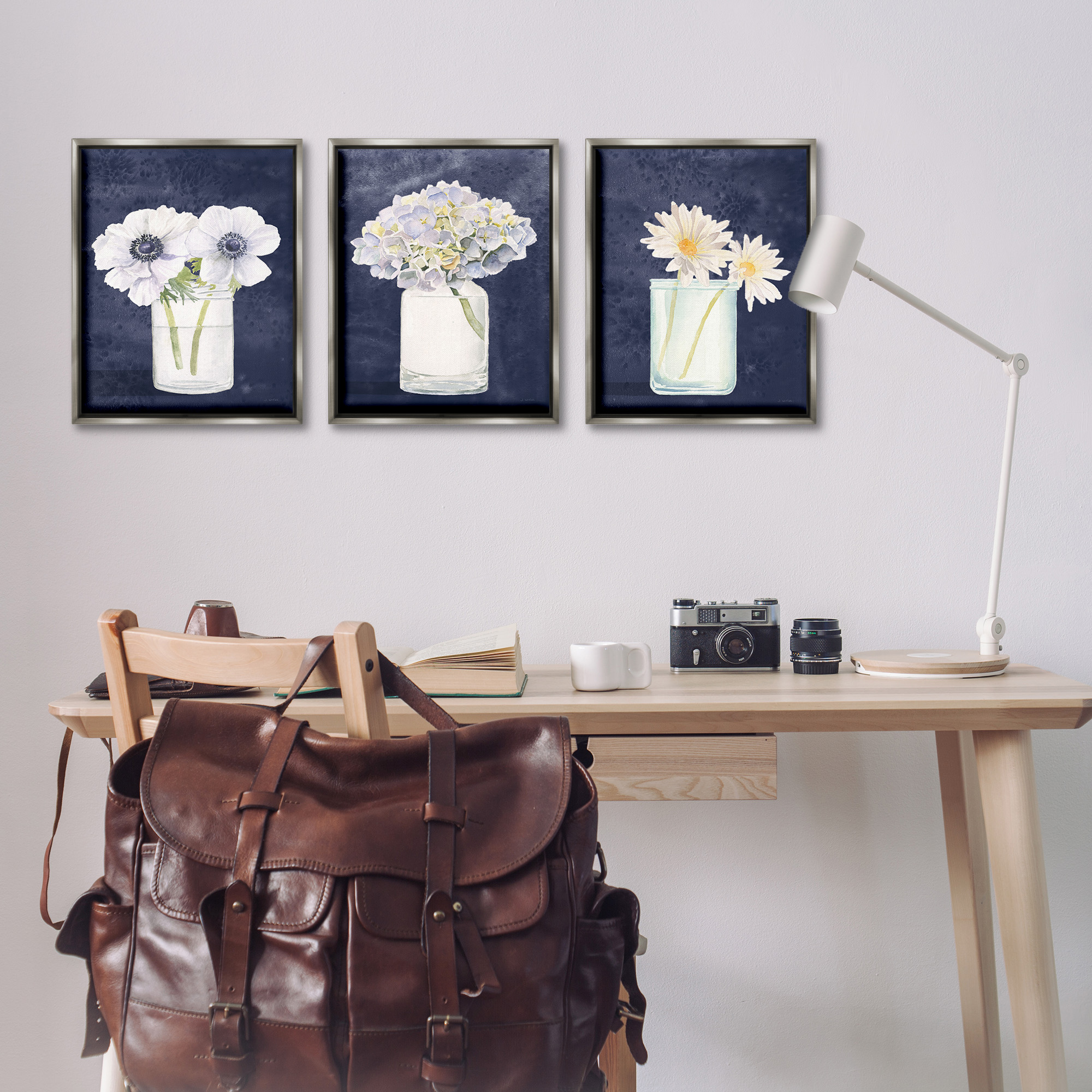 Stupell Industries Navy Blue Flower Bouquets Botanical & Floral Painting Gray Floater Framed Canvas Art Print Wall Art, 17 x 21, Set of 3