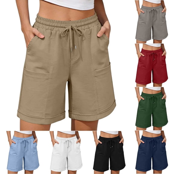 Shorts for Women Cotton Linen Bermuda Shorts with Pockets Elastic Waist Knee Length Casual Athletic Walking Shorts White XL(XL)