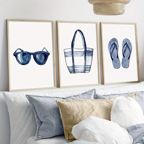 Set of 3 Coastal Beach Decor Watercolor Art Prints, Navy Blue Summer Wall Art, Glasses, Beach Bag, Flip Flops Art Poster, Wall Decor, Canvas Art Living Room, Bedroom, Kitchen, Office, Cafe, Bar, Dor