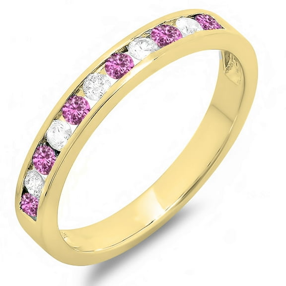 Dazzlingrock Collection 14K Round Pink Sapphire & White Diamond Ladies Wedding Stackable Ring Band, Yellow Gold, Size 7.5