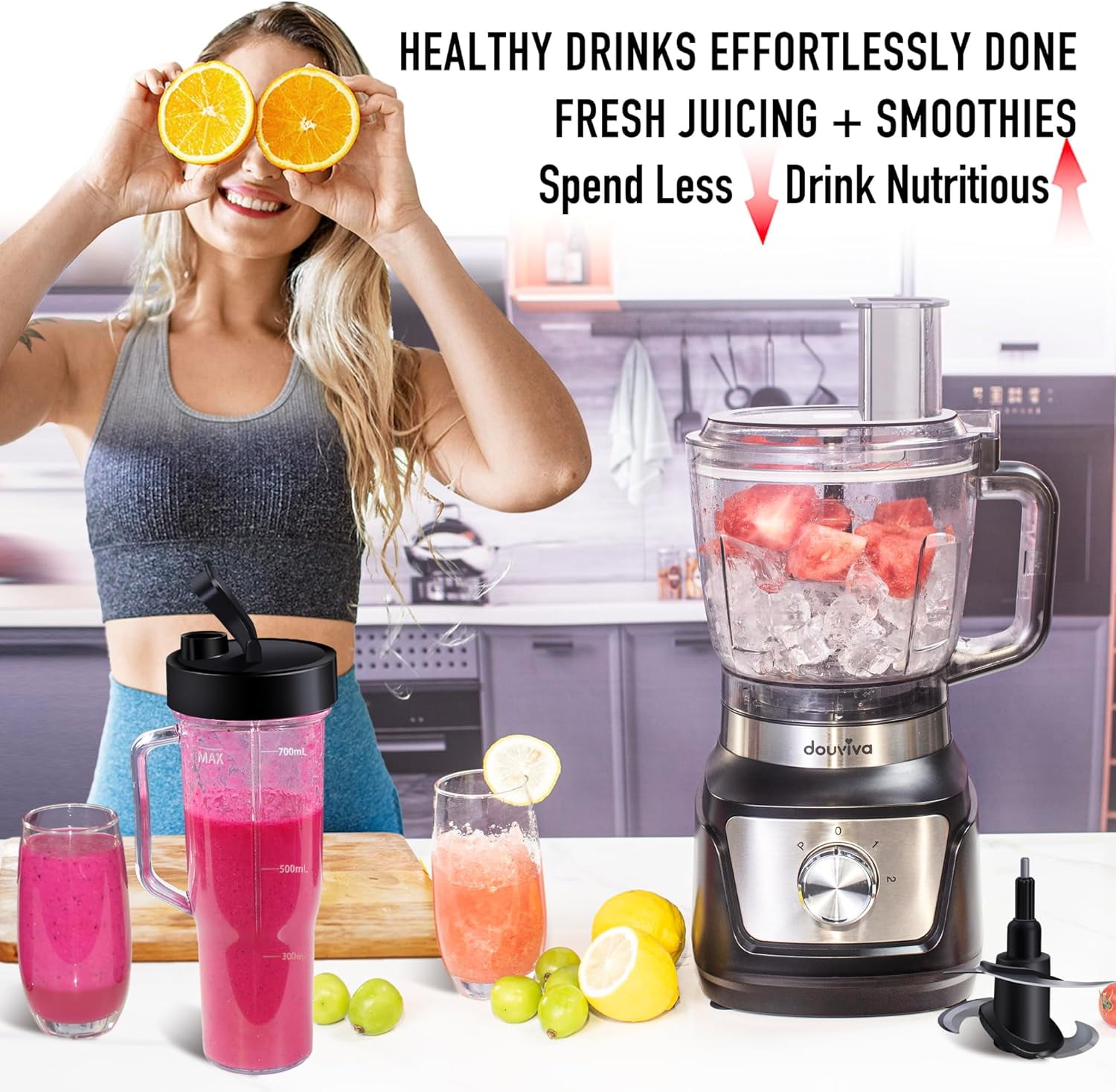 Blender & Food Processor Combo 1000W, 68oz Processor Bowl,24oz To-Go Lid Cup, for Smoothies/Shakes/Mixing/Shredding/Slicing/Chopping/Dough/Grinder, Black