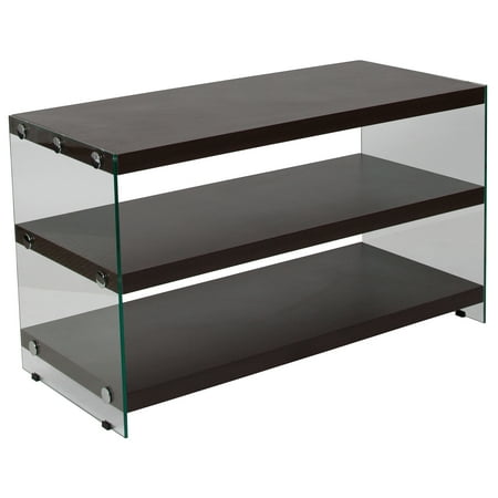 - Flash Furniture Wynwood Collection Dark Ash Wood Grain Finish TV Stand with Shelves and Glass Frame