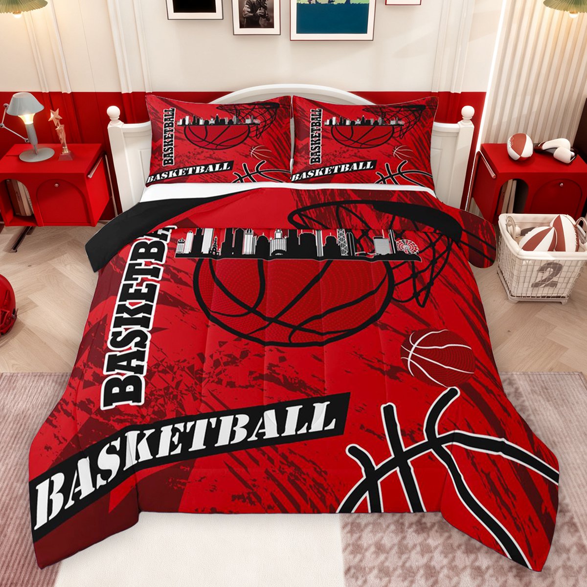 Feelyou Basketball Game Player Full Size Comforter Sets for Kid Cartoon Ball Print Bedding Comforter Set Stripes Abstract Maroon Reversible Bedding Sets Luxury Bedroom Decor 3 Pieces