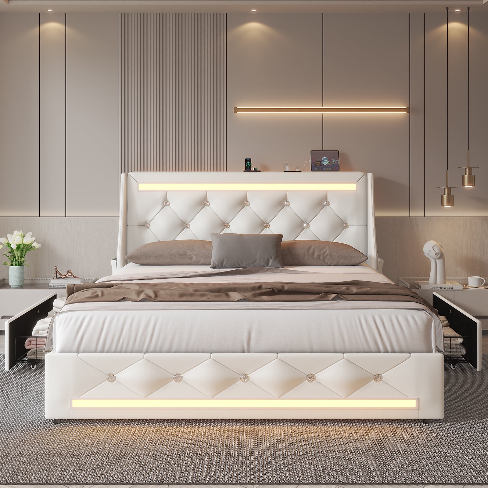 E-motie Queen Bed Frame with 2 Storage Drawers, Upholstered Headboard with LED Light & Charging Station, Diamond Tufted Style, Pu Leather, White