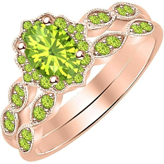 14K Rose Gold-Plated 925 Sterling Silver Oval Shape Peridot Vintage Style Wedding Engagement Bridal Ring Set For Womens