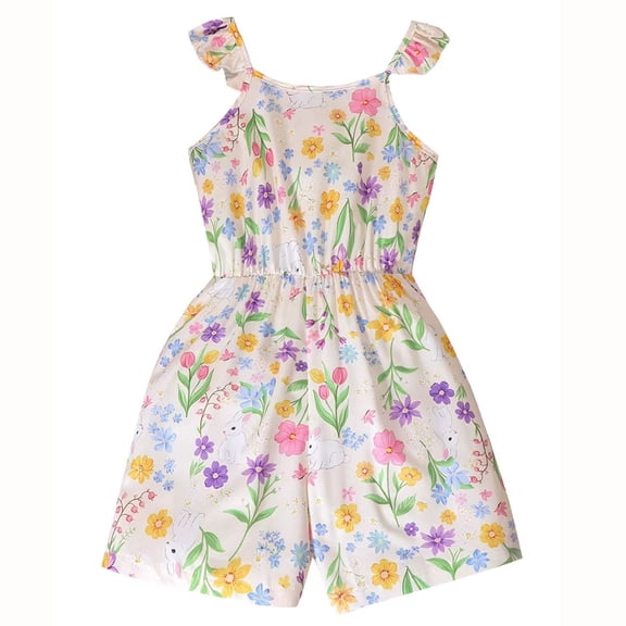 YMNXA Toddler Kids Girls Summer Romper Floral Print Sleeveless Suspenders Comfortable Fashion Jumpsuit For Casual Daily Wear,White,8-9 Years