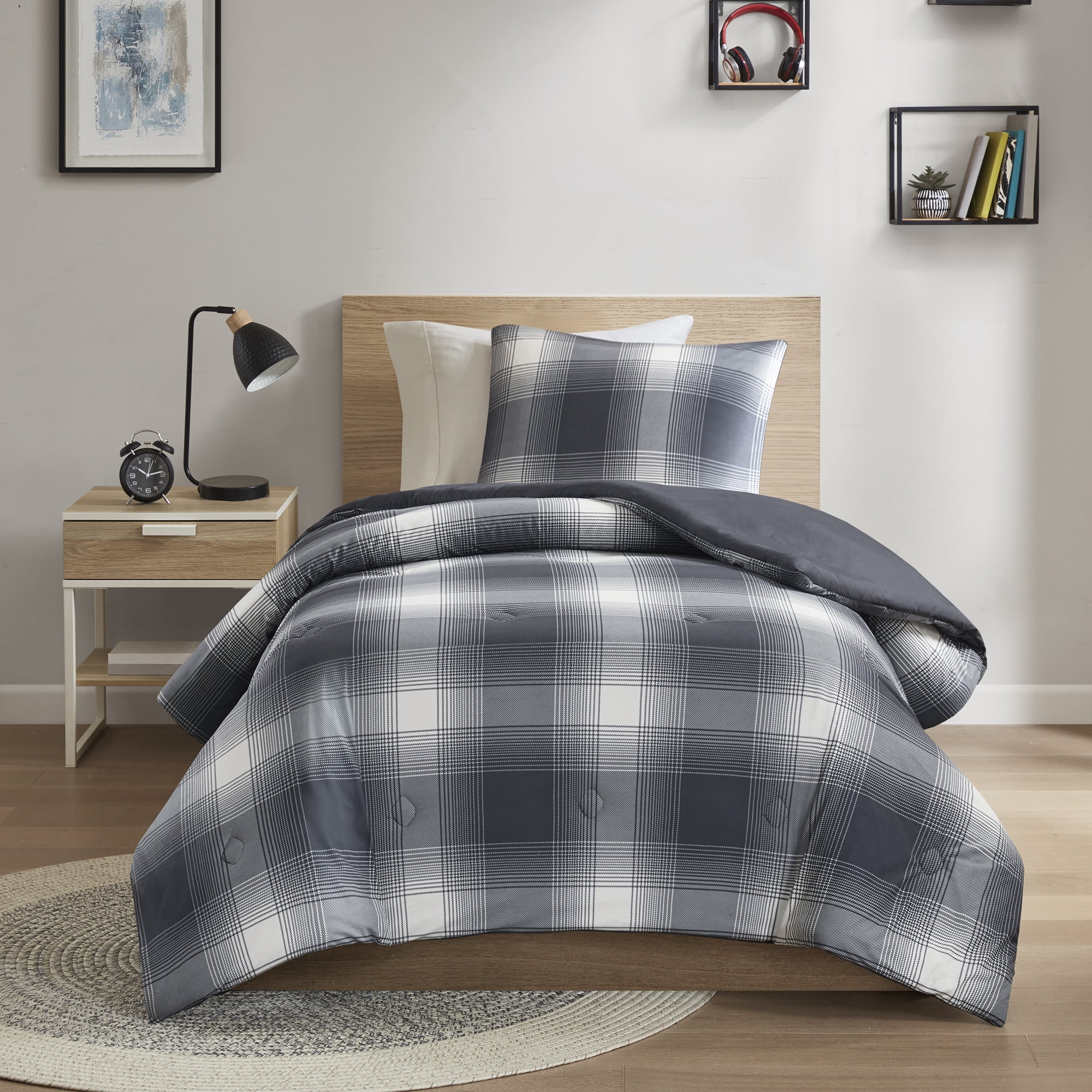 Mainstays Shadow Plaid 2-Piece Grey Comforter Set, Twin/Twin XL