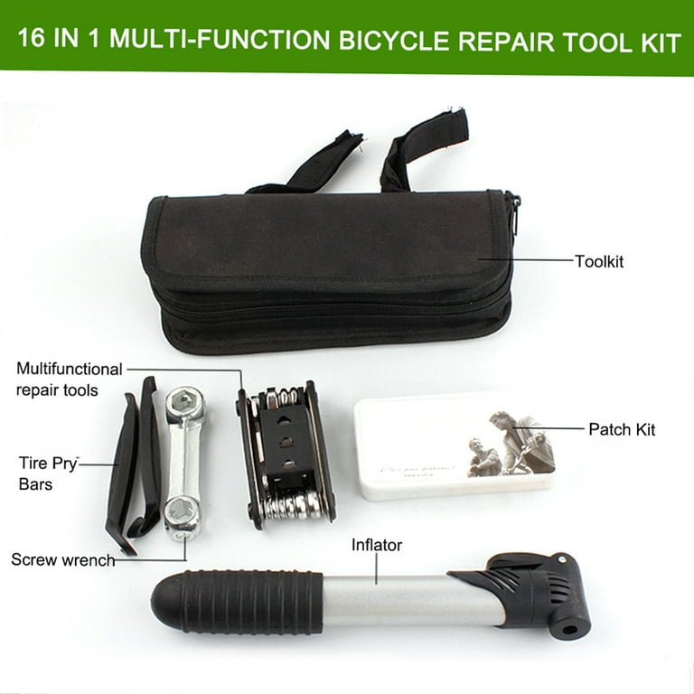 Bike Tyre Repair Tool Kit 16 in 1 Multi-function Bicycle Tool Kit with Mini Pump, Cycling Mechanic Repair Tool with Tire Patch, Solid Wrench, Portable