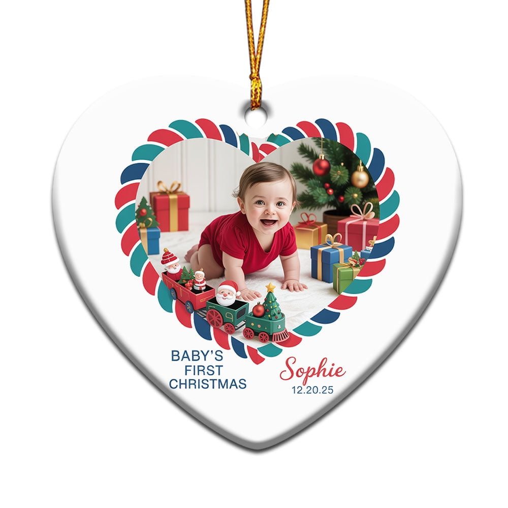 Baby 1st Christmas Ornament 2025, Custom Name Text Date Photo Christmas Ornament for New Baby Newborn, Cute Baby’s First Xmas Ceramic Christmas Ornament