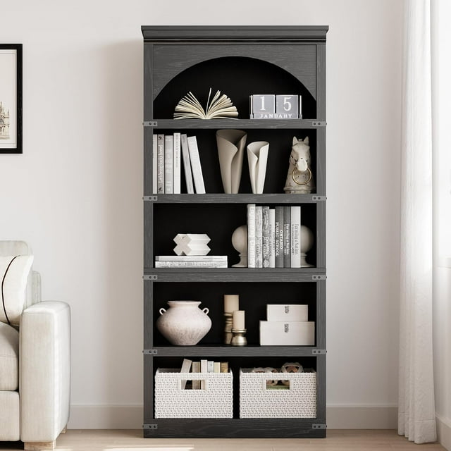 5-Shelf Bookcase, 68.7" Tall Farmhouse Arched Storage Rack for Home Office & Living Room