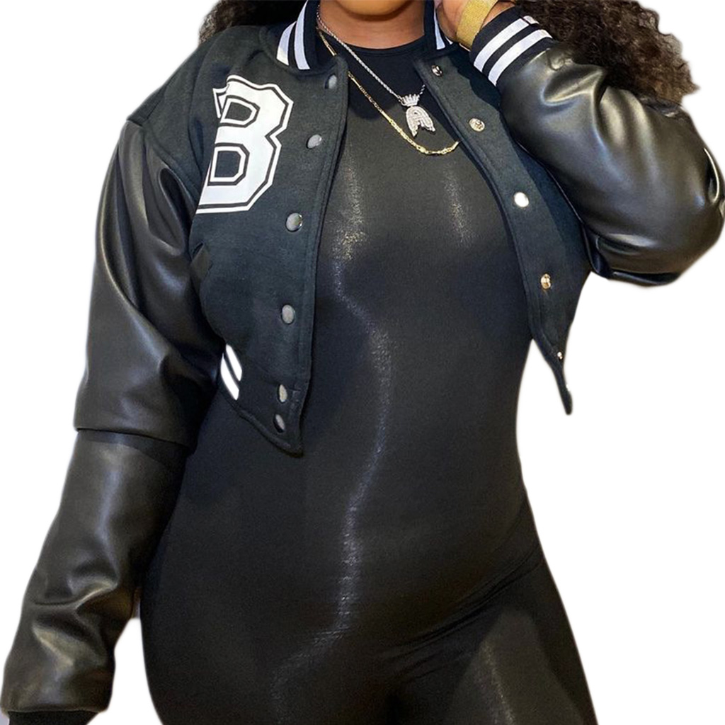 BYDOT Women Faux Leather Long Sleeve Baseball for Jacket Letter Print Oversize Bomber Coat - image 1 of 19