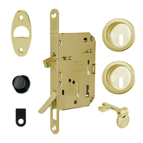 AGB Scivola Tre Sliding Pocket Door Keyed Lock Case w/ Round Pull Handles, Polished Brass