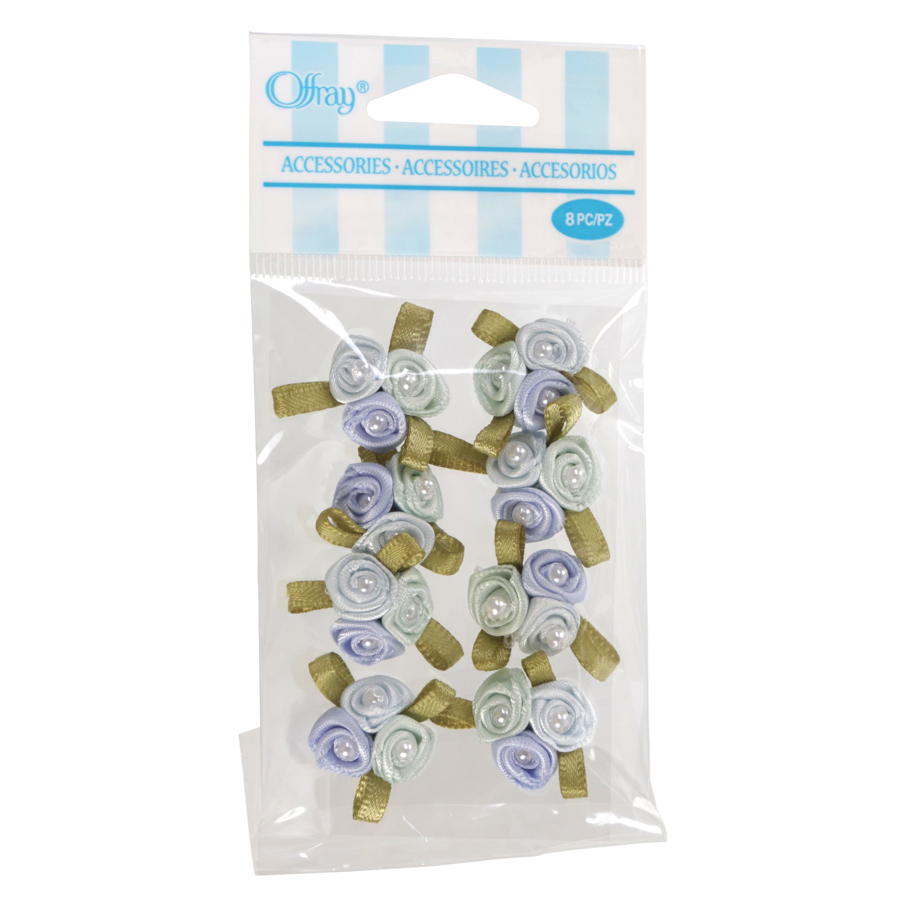 Offray Ribbon Accessories 1-Inch Blue Grey Tri-Color Ribbon Rose Cluster, 8-Pack