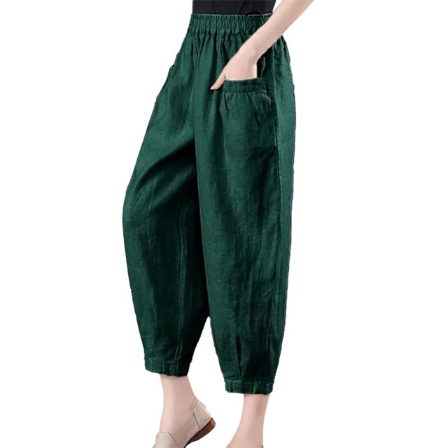 Ladies' Summer Elastic High - Waist Solid Color Linen Wide - Leg Pants