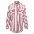 thumbnail image 4 of Camisas A Rayas con Botones para Mujer, Blusas Casuales de Larga con Cuello en V y Bolsillos Rosa Roja XL, 4 of 6