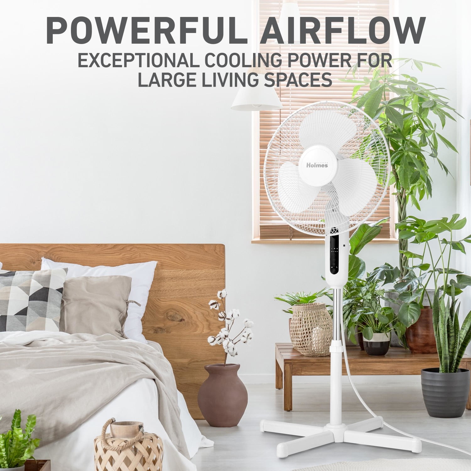 Holmes 16" Digital Stand Fan, 3-Speed, 3 Modes, Oscillating, Timer, Remote, White