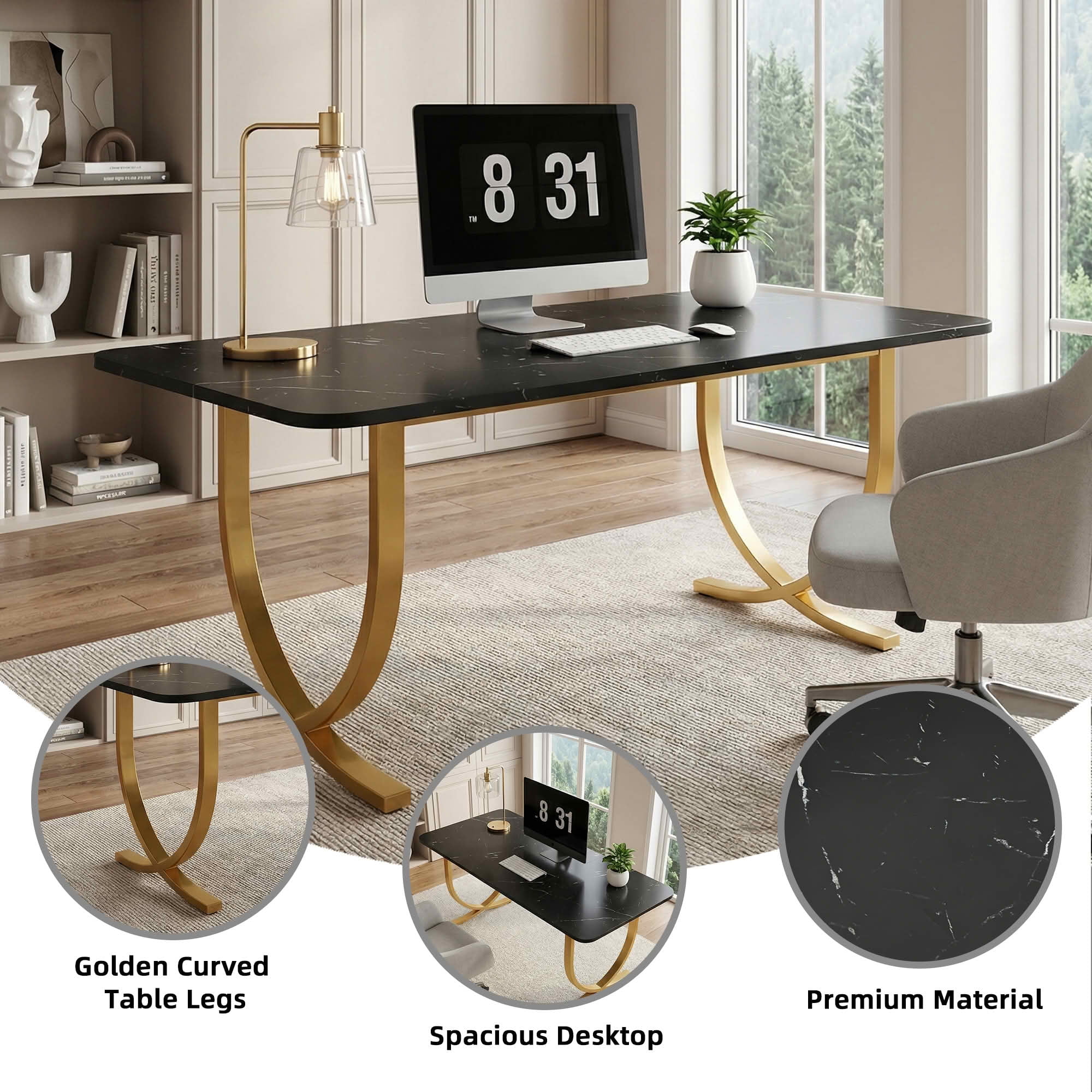 MAYEERTY Luxury Faux Marble Dining Table, 63 Inch Rectangular Modern Kitchen Table with Adjustable Foot Pads for Home Cafe Office