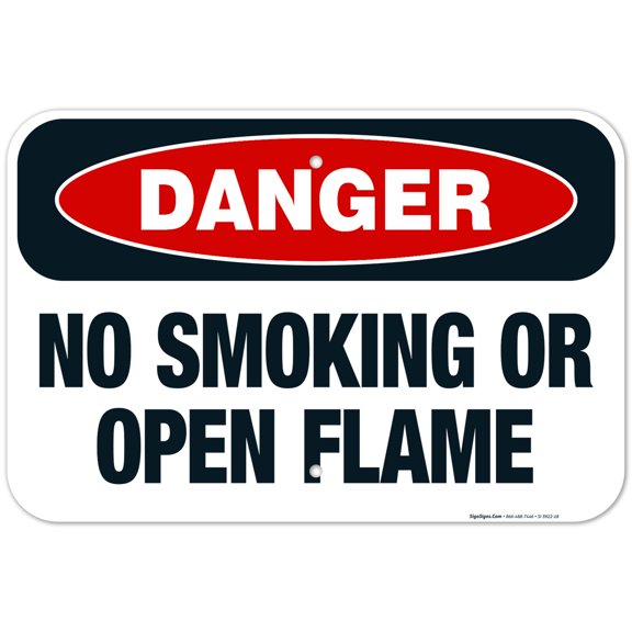 No Smoking Or Open Flame Sign, OSHA Danger Sign, 12x18 Aluminum